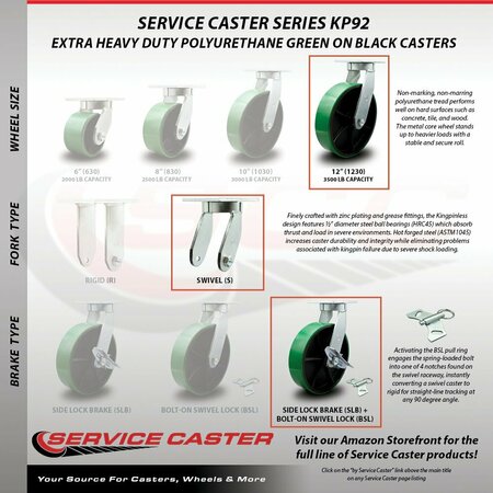 Service Caster 12'' Heavy Duty Green Poly on Cast Iron Caster Set with Brake and Swivel Lock, 4PK CRAN-SCC-KP92S1230-PUR-GB-SLB-BSL-4